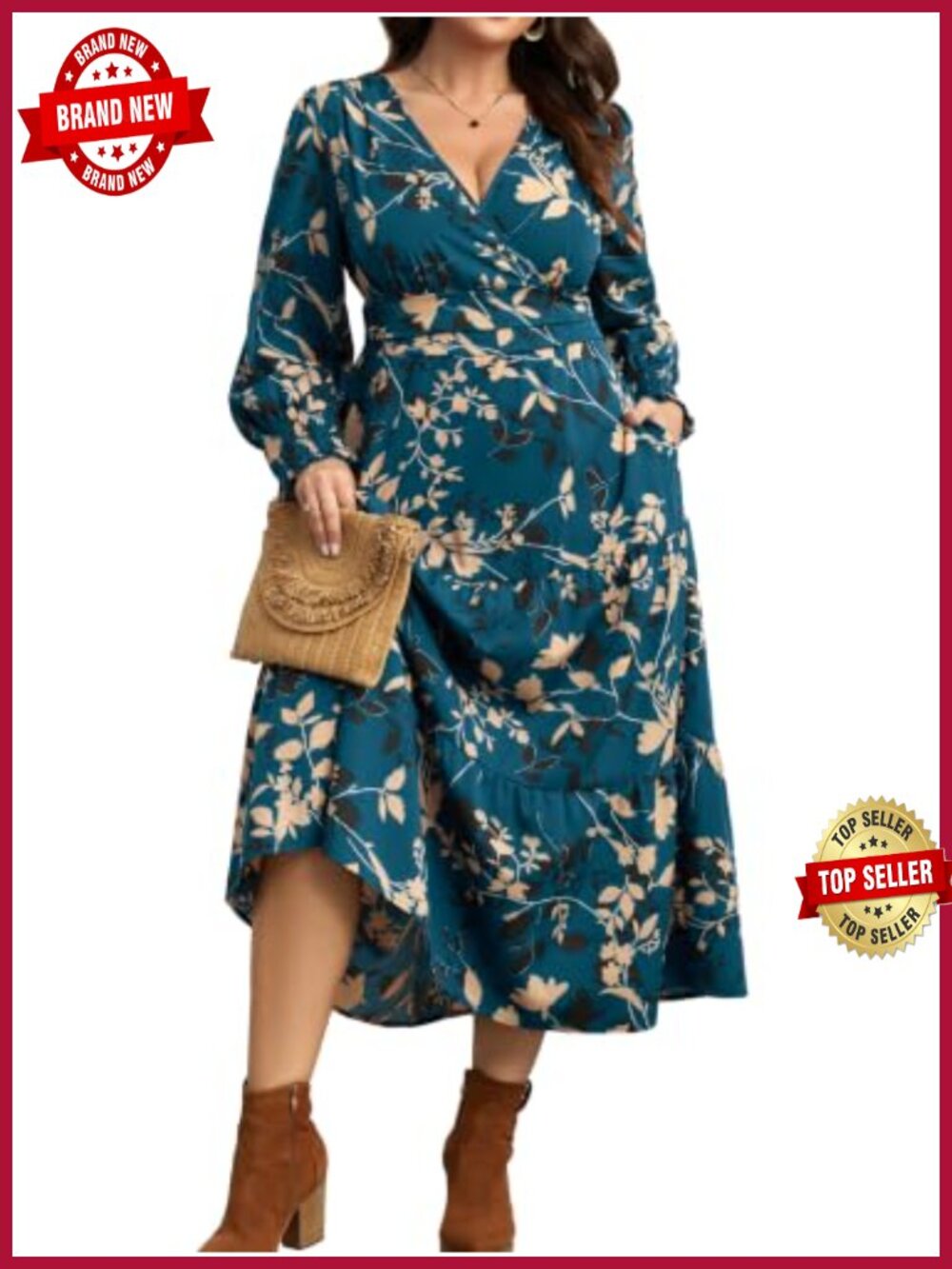 Plus Size Floral Maxi Dress Long Sleeve Wedding Guest with Pockets